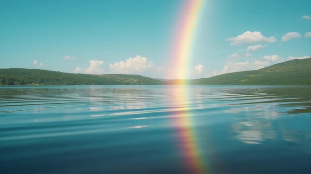 Shimmering rainbow reflection dancing on lakeside while breeze creating ripples by forested hills