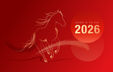 Chinese new year 2026, year of horse. Line art horse illustration. Lunar new year concept template vector design. 