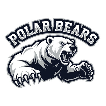 Polar Bear Mascot Emblem: A fierce and imposing illustration of a polar bear, depicted as a mascot emblem, with a bold and aggressive posture. This image captures the power and spirit of a polar bear.