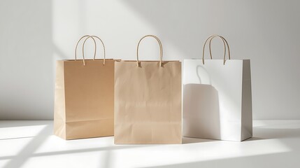 Three blank paper shopping bags in cream