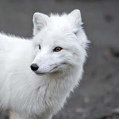A white, fluffy arctic fox with captivating amber eyes looks to the side, set against a blurred gray backdrop