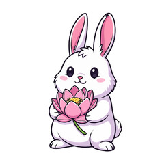 Obraz premium A cute cartoon rabbit holding a pink lotus flower. The rabbit is white with pink ears and cheeks isolated on a transparent background