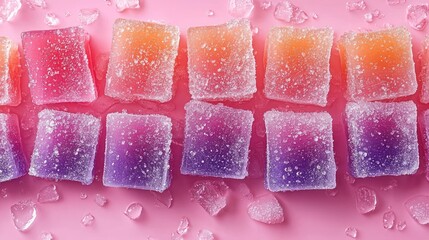 Rows of vibrantly colored, sugar-coated square candies on a pink background. Overhead shot