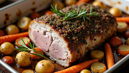 Roasted Pork Loin With Vegetables in Baking Tray