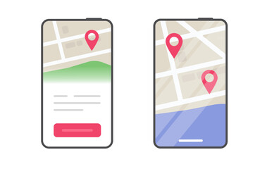 Map location gps navigation pin pointers on mobile cell phone app screen icon vector modern graphic illustration set, smartphone cellphone with tracking route position markers interface layout