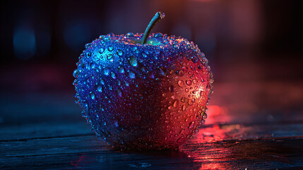 A close-up shot of a single apple covered in water droplets with dramatic lighting. The apple appears juicy and fresh.