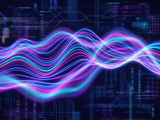 Abstract visualization of glowing neon sound waves and data streams against a dark technological background