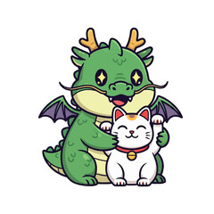 Fototapeta premium Cartoon dragon affectionately embracing a lucky cat, cute and friendly design isolated on a transparent background
