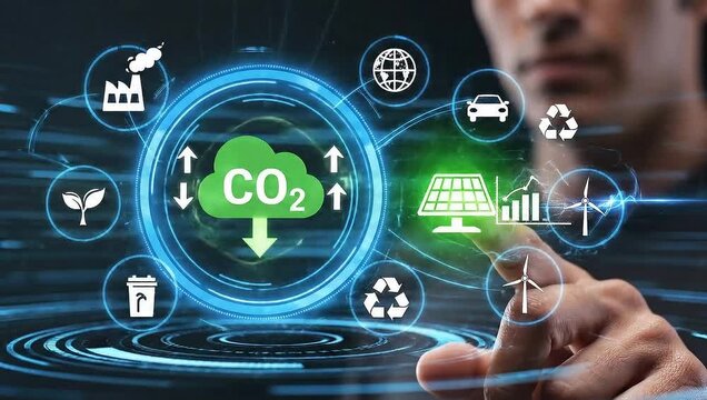 Digital interface showing CO2 reduction and environmental sustainability icons.