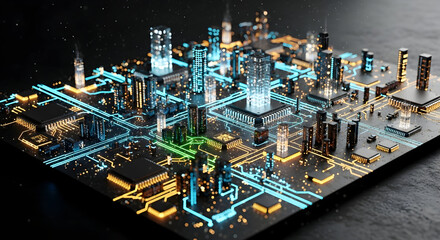 Futuristic Microchip Cityscape with Glowing Circuits and Data Streams.