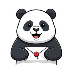 Fototapeta premium Cute panda holding a sealed envelope, a lovely cartoon for various uses. The panda is a charming character in black and white and a cheerful demeanor isolated on a transparent background