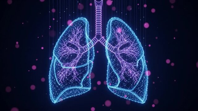 Digital 3D Visualization of Human Lungs with Respiratory System Anatomy in Sci-Fi Medical Graphic, Close-Up View, Dark Background