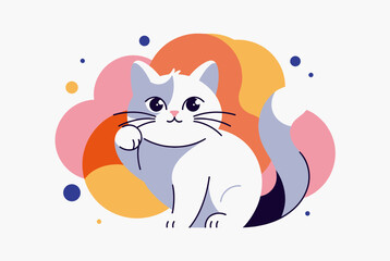 A charming illustration of a white and grey cat with a raised paw, featuring a colorful abstract background.