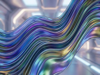 Abstract iridescent wave of liquid metal flowing in a futuristic environment