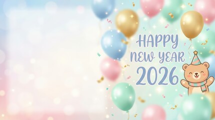 Fototapeta premium Celebratory new year 2026 event featuring colorful balloons and a cute bear festive environment digital art cheerful viewpoint holiday concept for fun and family gatherings