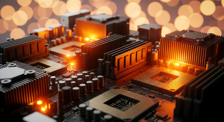 Close-up of Computer Motherboards and Processors with Glowing Orange Lights.