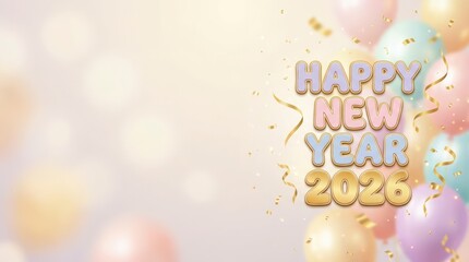 Naklejka premium Exciting new year celebration 2026 with colorful balloons and confetti festive atmosphere graphic design joyful vibe celebratory theme