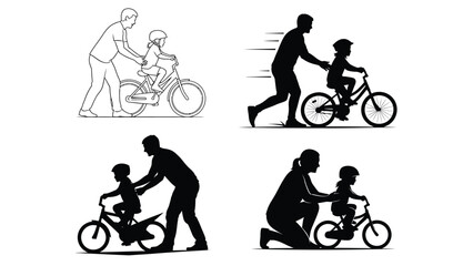 Obraz premium Father teaching child to ride a bicycle, set of four illustrations showing learning process and silhouettes