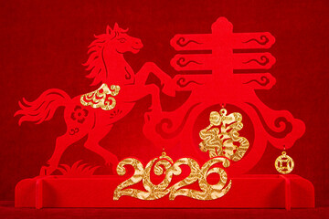 Chinese New Year of Horse 2026 mascot on red translation of the Chinese words are fortune and springtime no logo no trademark