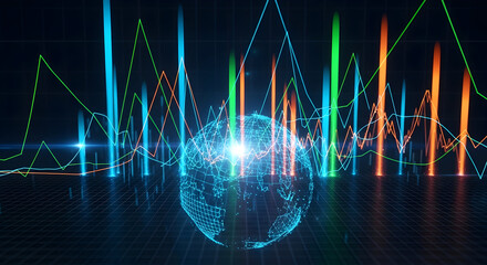 Global Financial Market Data Analysis with Futuristic Digital Globe and Bar Charts.
