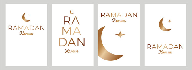 Ramadan Kareem greeting card set. Banner islamic celebration pack for web design. Gold, moon, star, text. Vector illustration