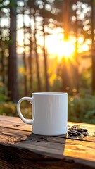 A white mug and coffee beans on a wooden surface, bathed in sunlight in a blurry forest setting