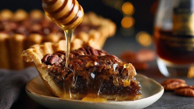 A close-up view of a slice of pecan pie drizzled with honey, placed on a rustic plate, with a blurred background of a whole pie and warm, ambient lighting creating a cozy atmosphere