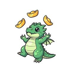 Fototapeta premium A cute cartoon dragon joyfully juggling golden ingots isolated on a transparent background