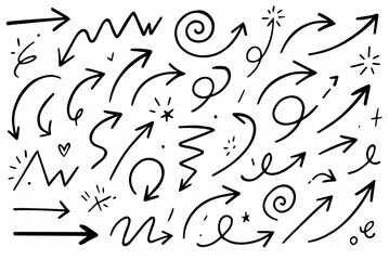 Hand-drawn doodle vector set of abstract pointers, created in a playful, sketchy style, isolated on white background

