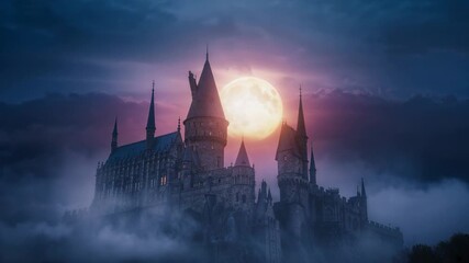 Full moon rising behind towered stone castle on cliff, casting glow with mist drifting amid clouds - Powered by Adobe