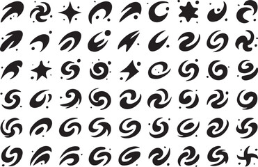 Black and White Abstract Swirls Vector Icon Set - Minimalist Galaxy and Vortex Symbols Print