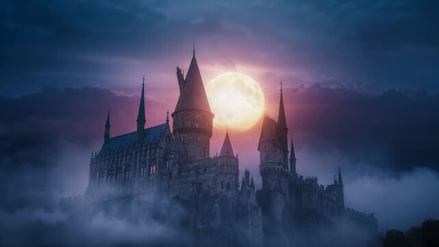 Full moon rising behind towered stone castle on cliff, casting glow with mist drifting amid clouds