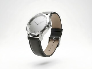 Sleek and minimalist silver analog wristwatch with black leather strap, showcasing modern elegance and precision timekeeping against a clean, bright studio backdrop