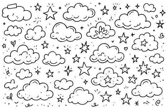 Hand-drawn doodle vector set of clouds and stars, created in a playful, sketchy style, isolated on white background
