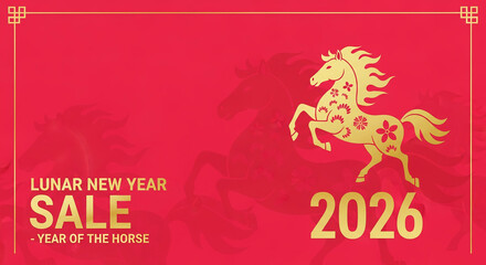 Red banner with gold horse and floral pattern. Represents Lunar New Year sale and the year of the horse in 2026, festive and traditional design.