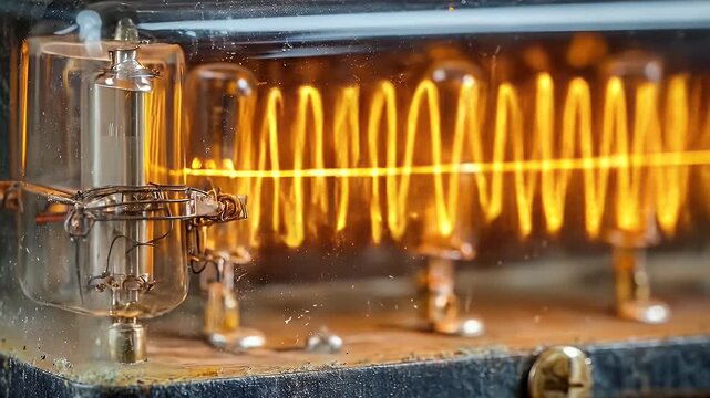Close-up of Glowing Vacuum Tube and Filament.