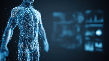 Digital human torso with glowing data network in front of blurred medical monitoring screens