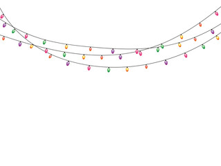 A vibrant illustration featuring multiple strings of small, glowing fairy lights against a pure black background. The lights display a cheerful array of colors, including pink, purple, green, and oran