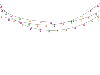 A vibrant illustration featuring multiple strings of small, glowing fairy lights against a pure black background. The lights display a cheerful array of colors, including pink, purple, green, and oran