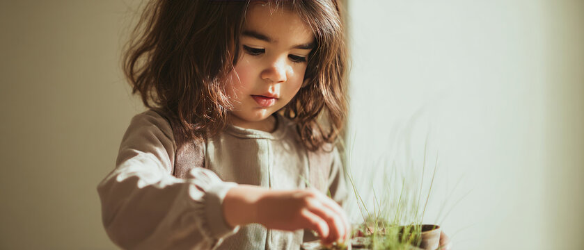 Curious child planting seeds in small pots
