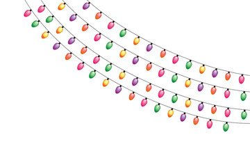 The image features a festive display of colorful string lights, artfully arranged in a wavy, diagonal pattern across a deep black background. The lights are in bright hues of pink, orange, green, and 