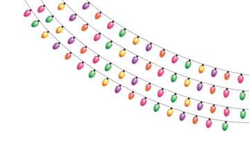 The image features a festive display of colorful string lights, artfully arranged in a wavy, diagonal pattern across a deep black background. The lights are in bright hues of pink, orange, green, and 