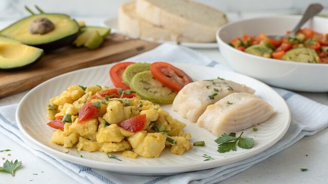 Delicious ackee and saltfish served with colorful veggies and bread in a vibrant flat lay style