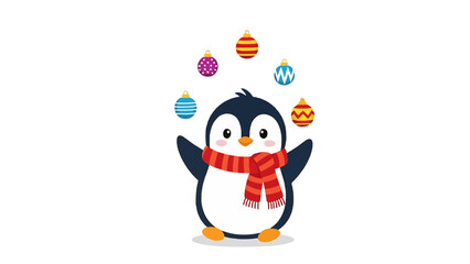 Fototapeta premium A cute penguin juggling festive ornaments, exuding a playful and joyful vibe. The penguin, adorned with a red scarf, is a cheerful embodiment of winter festivities isolated on a transparent background
