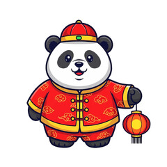 Cute panda wearing traditional attire, holding a lantern in celebration isolated on a transparent background