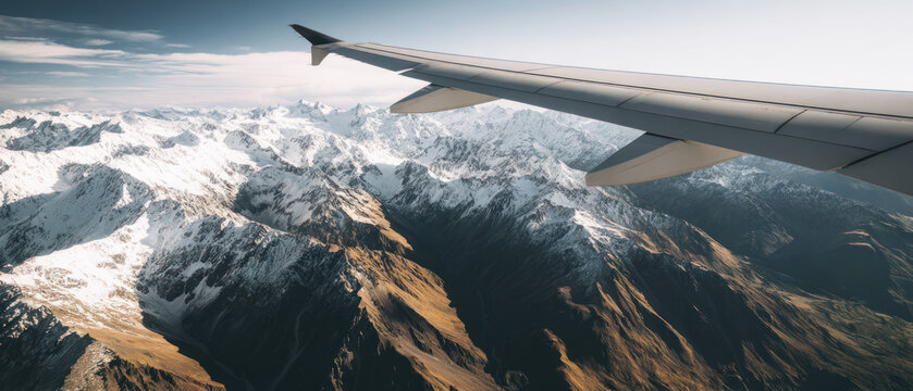 Airplane flying over snow-covered mountain range
 - Powered by Adobe
