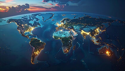 A world map aglow with vibrant city lights against a dusky sky, showcasing a global view