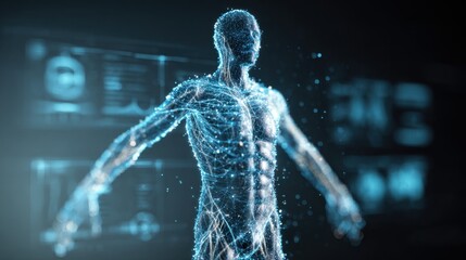 Digital human figure made of blue data particles in front of futuristic biomedical and body analysis dashboards