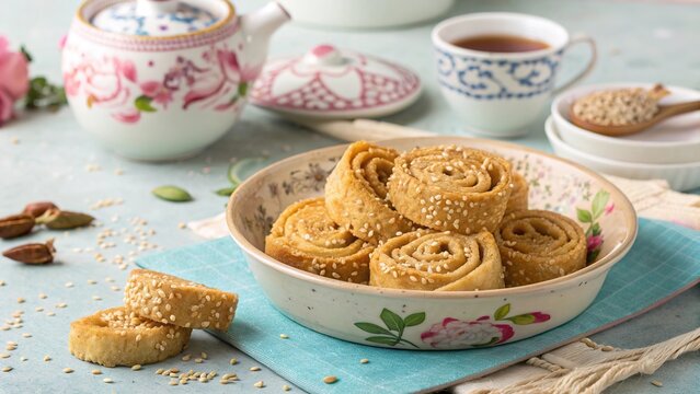 Delicious algerian chebakia cookies topped with sesame seeds served in a lovely bowl