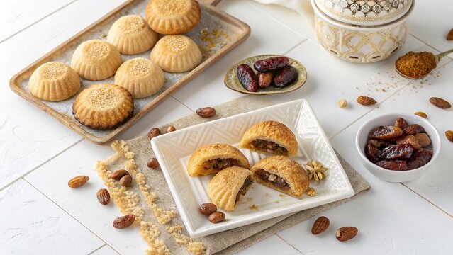 Delicious Algerian makroud pastries filled with dates served on a table with coffee and dates